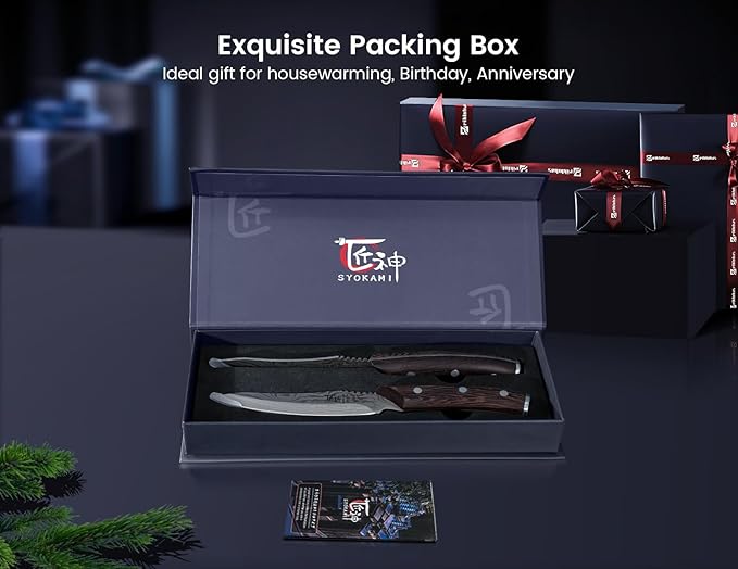 SYOKAMI Steak Knives Set of 2, 4.8 Inch High End Japanese Style Fine Edge Meat Knife with Wood Handle, Damascus Pattern Full Tang Design, Super Sharp Dinner Knives with Exquisite Box, Cooking Gifts
