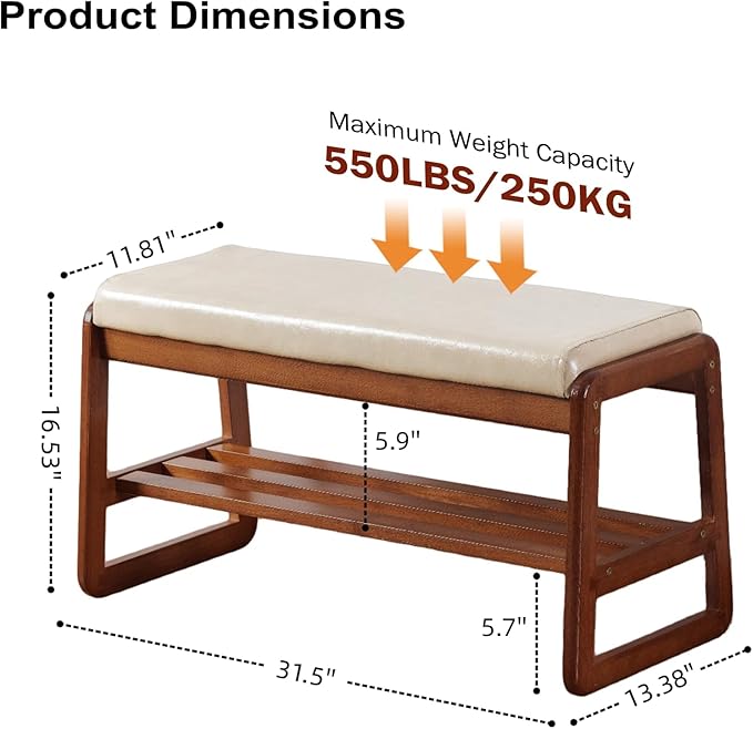 SOBIBO Solid Wood Shoe Bench, 2-Tier Wooden Entryway Bench, Modern Shoe Rack with Faux Leather Cushion for Hallway, Living Room (Gray, 31.5'')