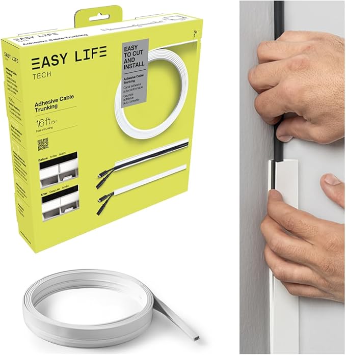Easylife Tech Paintable Cable Raceway Cord Management Kit 16 ft Self‑Adhesive Cord Concealer for Organizing and Hiding Wires Cable Trunking Raceway for Home, Office & Entertainment Systems