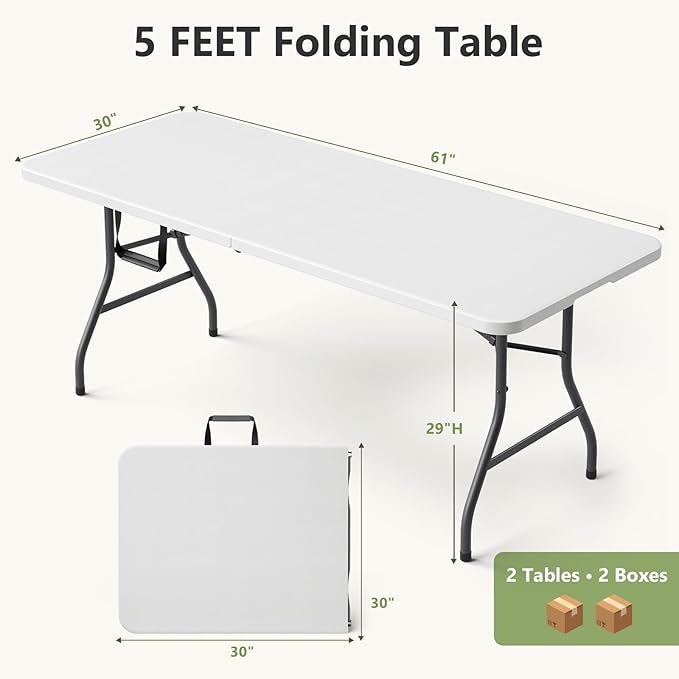 Folding Table 2 Pack, 5 FT Foldable Plastic Table with Carrying Handle, Heavy Duty Portable Fold-in-Half Utility Table for Party, Camping, Banquet, Craft, Wedding, Indoor & Outdoor Use