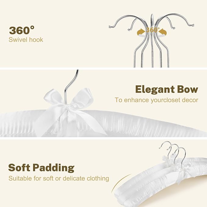 HOUSE DAY 17 Inch Satin Padded Hangers for Women, 10 Pack Heavy Duty Silk Hangers with Swivel Hooks, No Shoulder Bump Thick Foam Hangers for Sweater, Wedding Dress, Coat & Delicate Cashmere - White