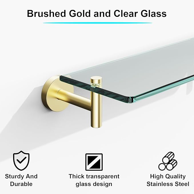 Glass Shelves for Bathroom,16-Inch Brushed Gold Floating Bathroom Shelf Stainless Steel Tempered Glass Shelf Modern Shelves wall Mounted