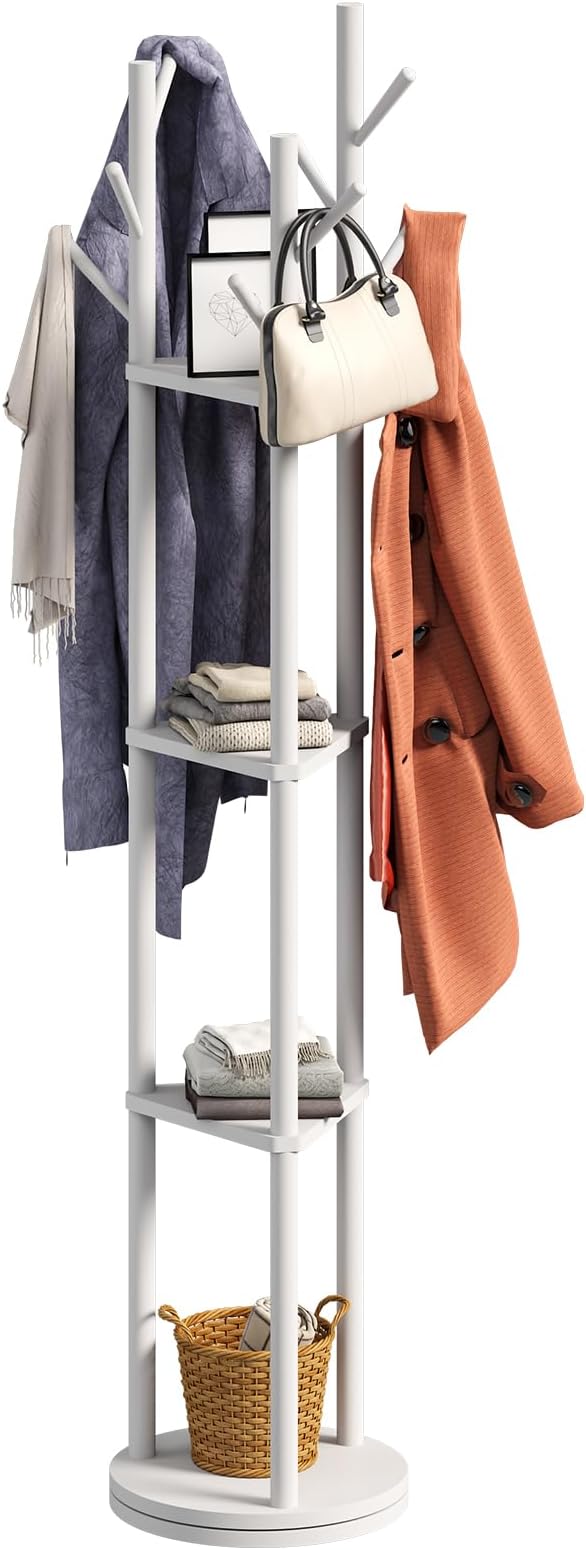 Rotating Coat Rack, Freestanding Coat Rack with 3 Shelves and 9 Hooks Clothes Organizer Coat tree for Bedroom, Entryway, Livingroom (Black)