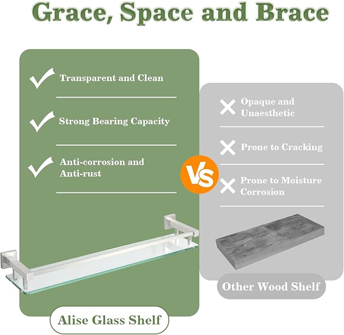 Alise Glass Bathroom Shelves Wall Mounted, 24 Inch Tempered Floating Shelves Bathroom, Stainless Steel Bathroom Glass Shelf