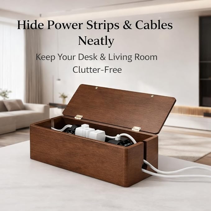 Real Wood Cable Management Box - Minimalist Home Office Decor - Walnut Finish Cord Organizer to Hide Wires & Power Strips - Spring Cleaning Essential for Desk & TV Stand - Safe for Pets & Kids