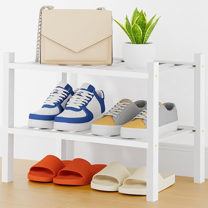 Smiry Small Bamboo Shoe Rack, 2 Tier Free Standing Wooden Shoe Organizer, Stackable Wood Shoe Storage Shelf for Closet, Entryway, 14 Vertical Slats, One-piece Heavy-Duty Legs, 17.3"x11"x13", White