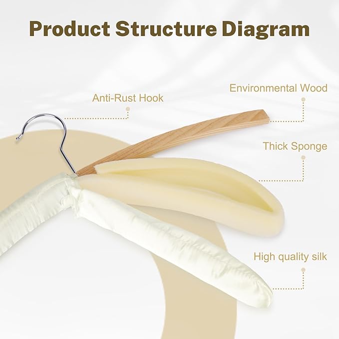 HOUSE DAY 17 Inch Satin Padded Hangers for Women, 6 Pack Heavy Duty Silk Hangers with Swivel Hooks, No Shoulder Bump Thick Foam Hangers for Sweater, Wedding Dress, Coat & Delicate Cashmere - Beige