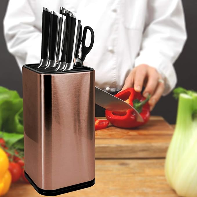 Rose Gold Stainless Steel Universal Knife Block Holder with Slots for Scissors or Sharpening Rod, Space Saver Knife Storage, Detachable for Easy Cleaning, Square Knife Holder For Safe