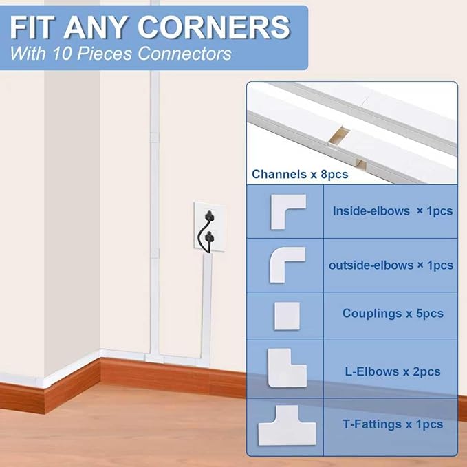 126in Cord Hider Kit, Cord Covers for Wires on Wall, Cable Hider Cord Organizer, Wire Hiders for TV on Wall, Cord Concealer, Cable Cover Wall Wire Management, 8 X L15.7 W1.18 H0.6in, White