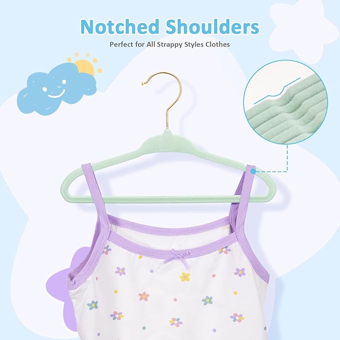 Tonswachic Baby Velvet Hangers 30 Pack - 11 Inch Premium Non Slip Kids Felt Hanger for Infant Clothes - Ultra Thin Baby Felt Hangers for Toddler Children's Closet with 10 Hanger Clips - Green