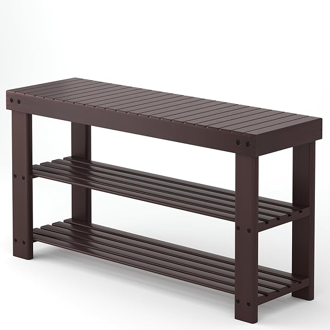 NEWBULIG Shoe Rack Bench, 3-Tier Bamboo Shoe Organizer, Wooden Entryway Storage Bench, 286 lb Load Capacity, 11.2x35.5x17.9 Inches, for Entryway Bathroom Bedroom Balcony, Brown
