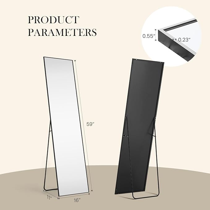 NEWBULIG 59"x16" Full Length Mirror, Full Body Floor Mirror with Aluminum Alloy Thin Frame, Wall or Standing Mirror for Bedroom, Living Room, Dressing Room, Black-Rect