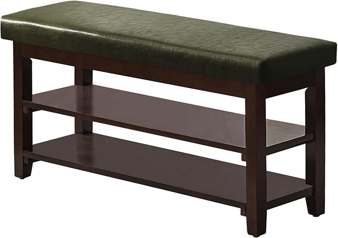40" Shoe Bench with Leather Cushion, 2-Tier Shoe Rack Entryway Bench, Wood Bench for Front Door Entrance, Mudroom, Hallway, Wooden Shoe Shelves, Shoe Organizer, Shoe Storage, Green