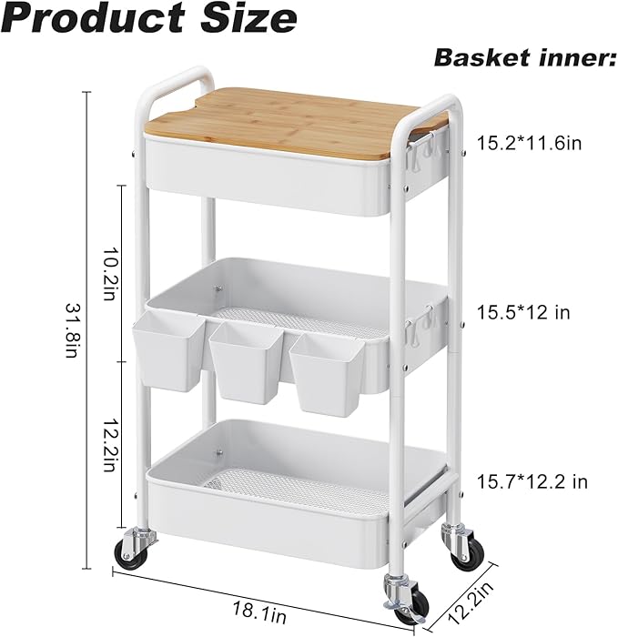 3 Tier Rolling Cart with Wood Table Top, White Bedside Cart on Lockable Wheels, Metal Utility Storage Organizer Carts for Kitchen, Art, Craft, Nail, Salon, Lash, Nursery, Bathroom, Baby Diaper Caddy