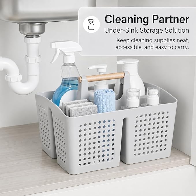 Portable Shower Caddy Basket with Wood Handle, 3-Compartment Bathroom Organizer Tote with Drain Holes, Plastic Shower Basket for Dorm, Toiletries, Cleaning Supplies,Light Gray