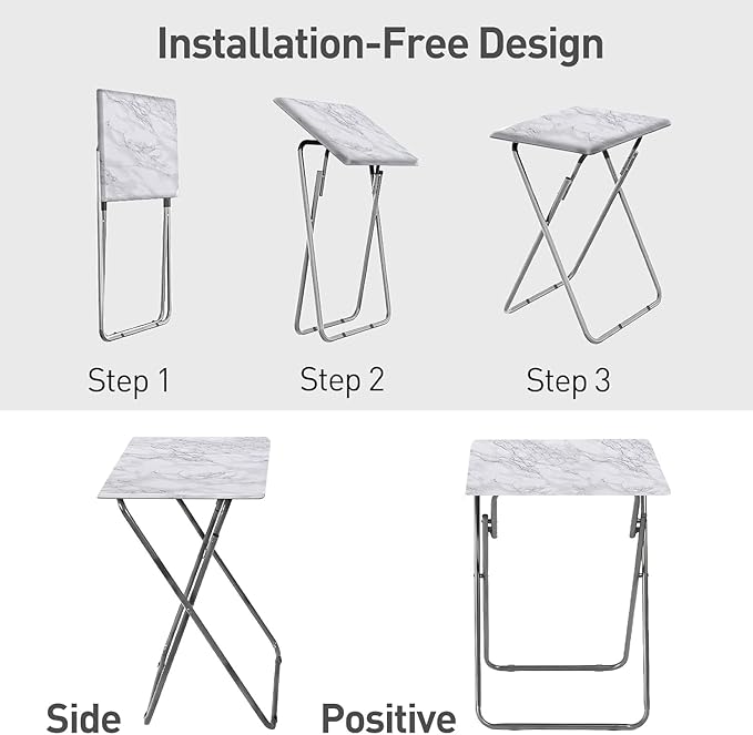 Tv Trays Folding Tv Table, Dinner Table for Eating with Sturdy Metal Frame, Small Foldable Snack Trays Table for Living Room, Couch,Sofa, Bed, No Assembly Required (White Marble)