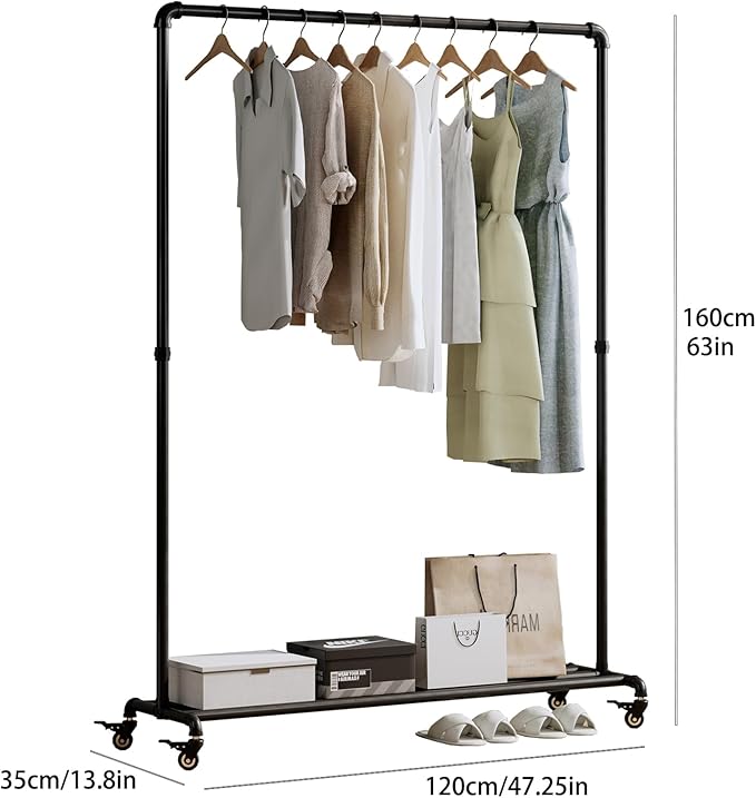Industrial Pipe Clothing Rack with Wheels,Heavy Duty Rolling Garment Rack,Metal Clothes Rack with Bottom Storage Shelf,Mobile Clothing Rack for Hanging Clothes for Bedroom Laundry Room Boutique