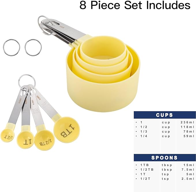 Easy to Read Measuring Cups & Spoons Set for Visually Impaired, Stackable Cups and Spoons, Nesting Measure Cups with Stainless Steel Handle (Yellow)