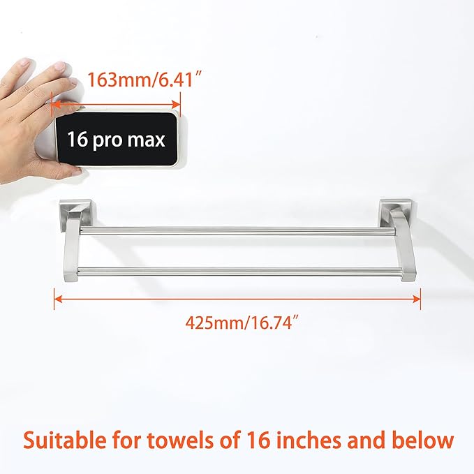 Alise Bath Double Towel Bars Towel Racks for Bathroom,16 Inch Wall Mount Towel Holder Heavy Duty SUS304 Stainless Steel Towel Hanger Towel Rail,Brushed Nickel