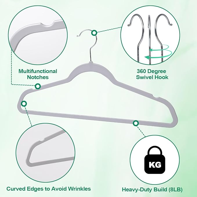 Plastic Coat Hangers 50-Pack,Non-Slip, Space Saving Closet Hangers for Dorm & Apartment - 360° Rotating, Heavy Duty, Durable (Grey)