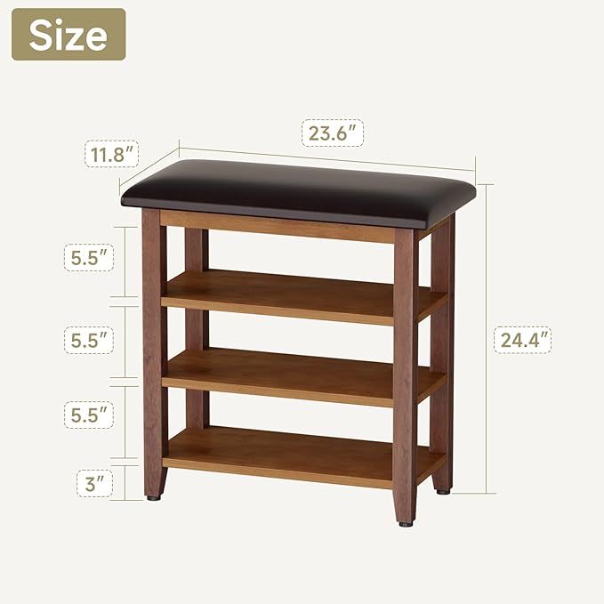 Shoe Bench with Leather Cushion,Wood Bench with Shoe Rack,3-Tier Shoe Storage Organizer for Entryway,Hallway,Living Room (3-Tier-23.6", Rubberwood)