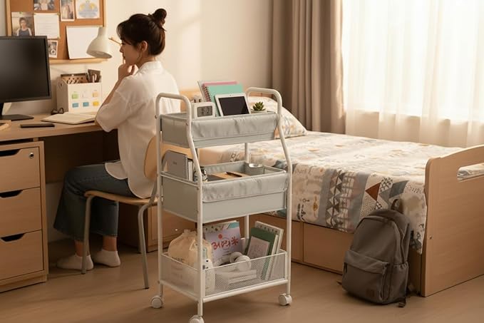Moteph Rolling Utility Cart with Wheels, 3-Tier Diaper Cart, Rolling Nursery Cart & Baby Caddy Organizer for Nursery Essentials, Bedside/Postpartum Cart, Craft & Art Storage, Rolling Book Cart