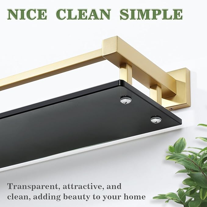 Alise Bathroom Glass Shelf with Stainless Steel Railing, Gold Small Tempered Glass Floating Wall Shelf Over The Toilet, 16 inch