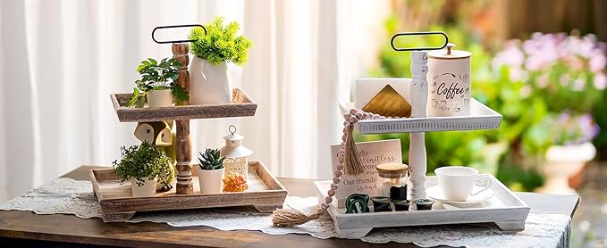 Hanobe Tiered Tray for Table Decor: 4th of July 2 Tier Decorative Tray Stand for Coffee Bar - Large Farmhouse Display Stands for Seasons - Wood for Kitchen Counter Decorations