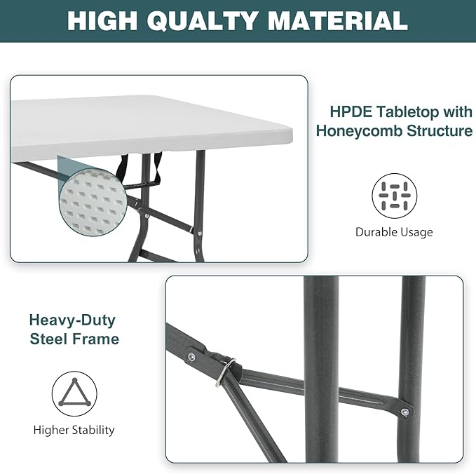 FDW 6 Foot Outdoor Dining Table, Foldable Portable Rectangular Plastic Folding Table with Built in Carrying Handle for Party and Wedding Use, White
