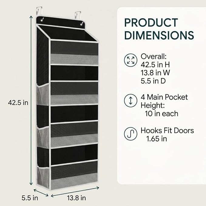 SUREMAX 42.5" Over The Door Organizer, 40 Lbs Heavy Duty Anti-Tilt Behind Door Storage with 4 Large Pockets and 6 Side Mesh Pockets, Hanging Closet Organizer for Bathroom, cabinet, Nursery and Pantry