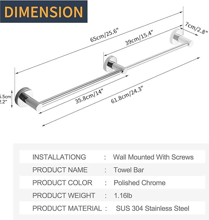 BESy Adjustable 15 to 26 Inch Single Bath Towel Bar Rack for Bathroom Accessories SUS304 Stainless Steel Towel Holder, Wall Mount with Screws Hand Towel Bar Rod Hotel Style, Polished Chrome