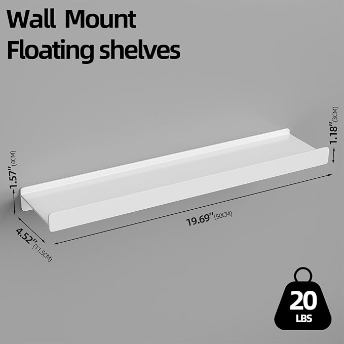 Floating Shelves for Wall, Wall Mounted Shelves with Lip for Storage, Metal Display Shelves for Home Decor, Kitchen/Living Room/Bedroom/Bathroom Shelf, White 20 inch 1 Pack