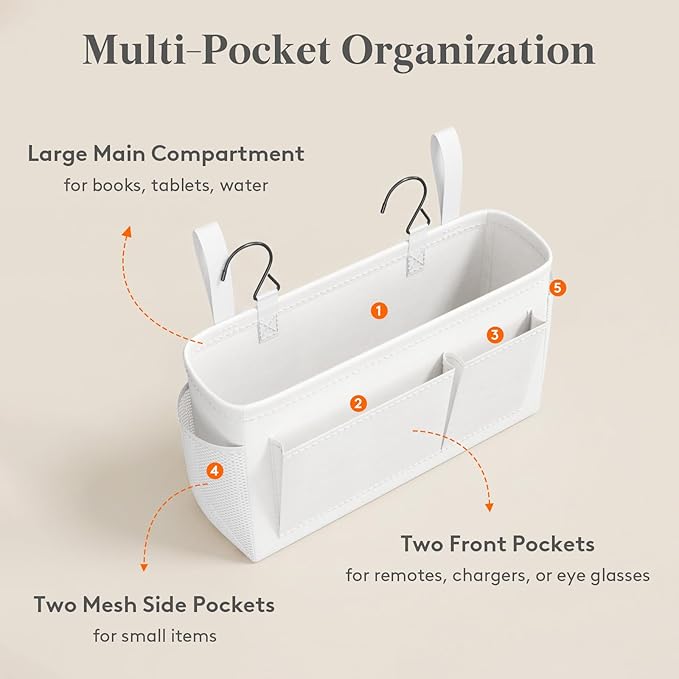 Lifewit Bedside Caddy Storage Organizer, Storage Bag Hanging Organizer with Fixed Straps, Book Remotes Holder for Home, College, Dorm, Bunk, Hospital, Crib Bed Rails, White