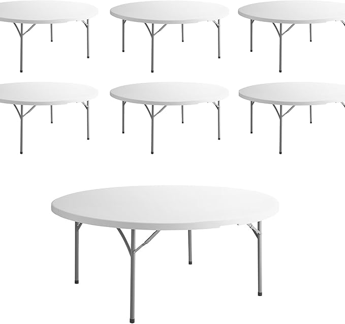 PRO&Family Commercial Round Folding Table, White Top, Powder-Coated Steel Frame, High-Impact Polyethylene Construction, Perfect for Wedding, Party, Shool, Church. (7, 72" Bi-Fold)