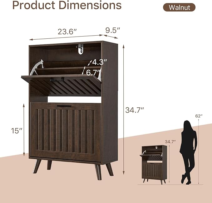 Shoe Storage Cabinet with 2 Flip Drawers, Modern Freestanding Organizer with Adjustable Shelf, Narrow Shoe Rack Cabinet for Entryway, Walnut