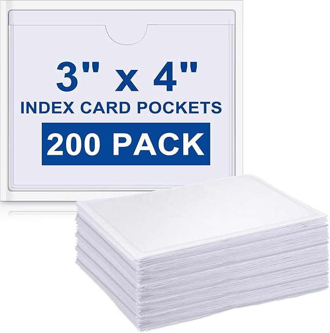 Outus 200 Pack 3.5 x 4.4 Inch Self Adhesive Label Pockets Bulk Plastic Labels Holders for Storage Bins Clear Classroom Nameplate Sleeves Index Card Tote Photos Waterproof Protect Office