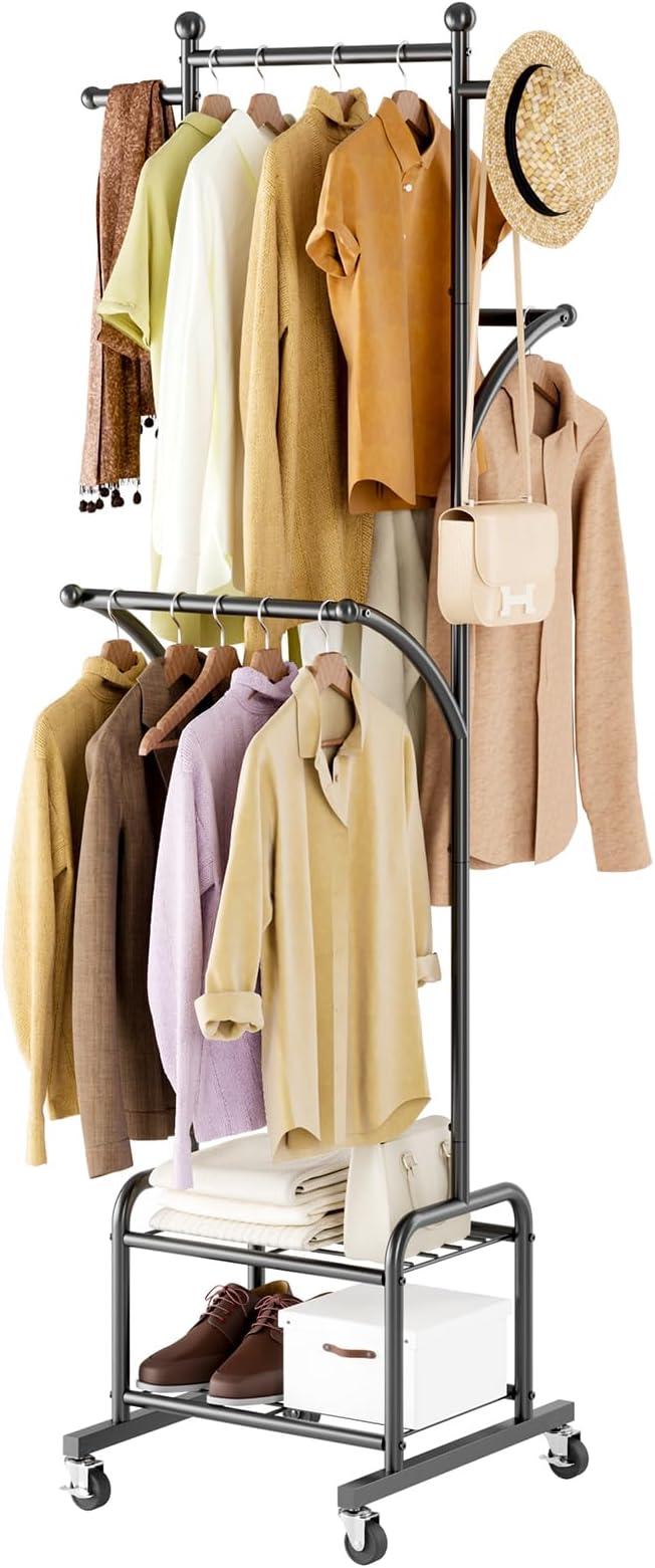 Rolling Clothes Rack with 2 Metal Shelves, 71" Portable Clothing Rack with Wheels, Small Garment Rack with 2 Side Hanging Rods, Freestanding Coat Rack for Laundry Room, Bedroom, Black
