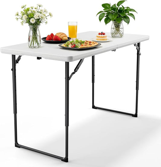 4ft Folding Table with Adjustable Height, Heavy Duty Fold-in-Half Plastic Table with Steel Legs, Portable for Indoor, Outdoor, Picnic, Camping, Dining, Party, (Plastic White)