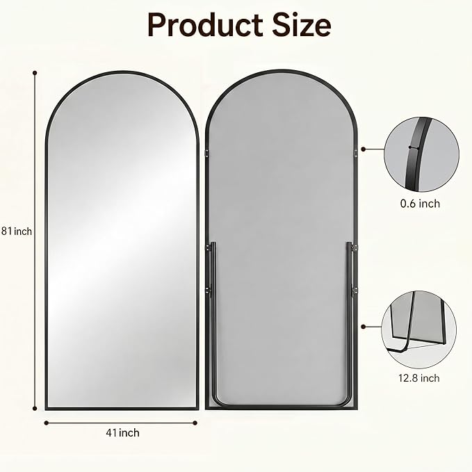 Antok Full Length Mirror, 81"x41" Floor Mirror with Stand, Hanging Mounted Mirrors for Bedroom, Living Room, Cloakroom, Dining Room, Black, Arched