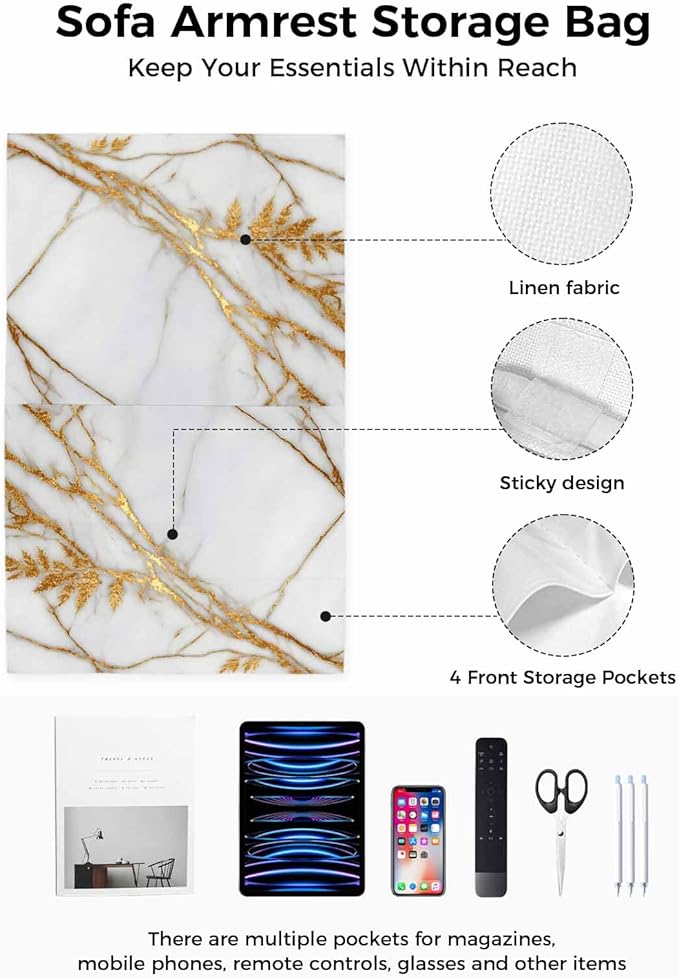 Sofa Armrest Organizer Bedside Caddy, White Yellow Marble Non Slip Couch Remote Control Holder for Recliner, Ink Painting Modern Art Armchair Caddy with Pocket for Magazine, Phone, 19.7"x35"