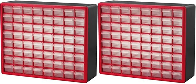Akro-Mils 64-Drawer Plastic Drawer Storage Cabinet for Garage Organization, Bead Organizer, Building Bricks Storage, Teacher Toolbox, Makeup Organizer, 20-Inch W x 6-Inch D x 16-Inch H, 10164 Red