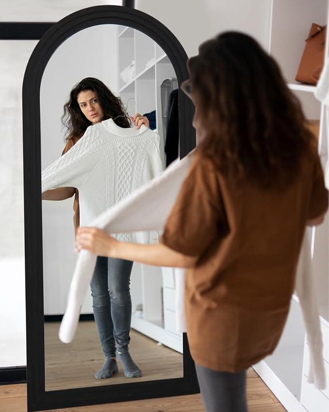 Full Length Mirror, 76"x34" Wooden Mirror Full Length with Stand Wood Floor Mirror, Oversized Stand Up Mirrors Large Wall Mirrors, Wall Mounted Mirrors, Arched Wood Style, Black