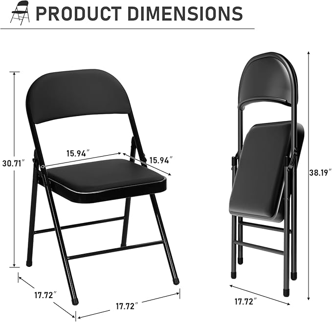 24 Pack Black Folding Chairs with Padded Cushion and Back for Outside Portable Stackable Commercial Foldable Chairs with Steel Frame for Events Office Wedding Party, 350lbs Capacity