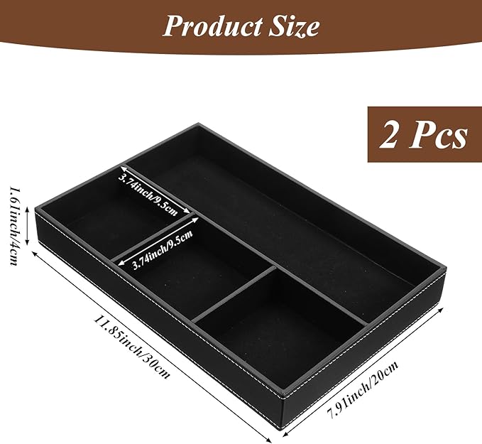 2 Pieces Leather Valet Tray Nightstand Drawer Organizer Stackable Jewelry Organizer For Drawer Key Wallet Sunglass Watch Coin Phone Bedside Dresser Top Tray Black