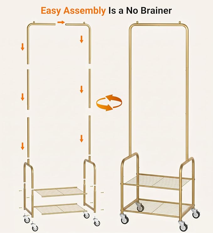 AOODA Small Clothes Rack with Shelves, Metal Sturdy Rolling Clothing Racks for Hanging Clothes, Portable Garment Rack with Wheels for Shirts, Coats, Shoes, Bags (Gold)