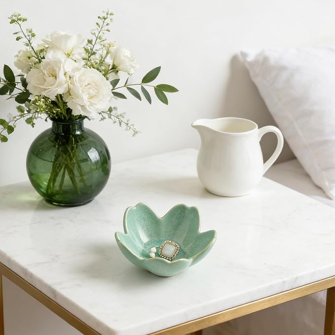 Flower Jewelry Tray Ceramic Ring Dish Jewelry Dish Small Trinket Tray Cute Ring Holder Key Bowl Decorative Plate Gifts For Mom/Sister/Friend, Birthday/Mother's Day/Christmas Gift (dark green)