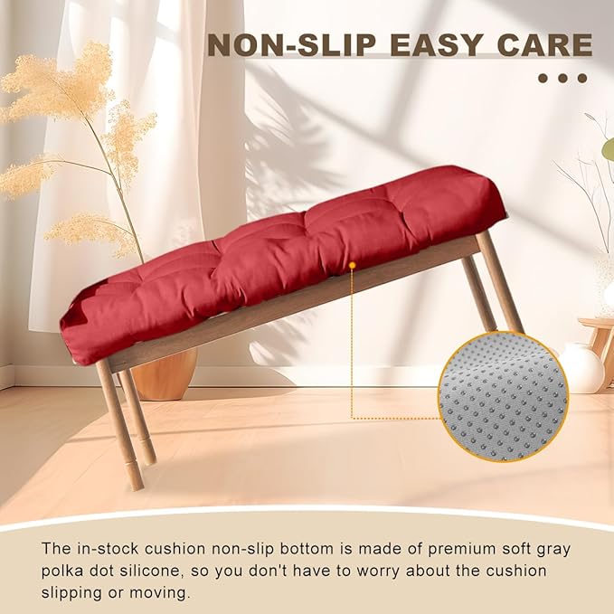 Bench Cushion 45 inches,Indoor/Outdoor Non-Slip Tufted Cushions, Premium Waterproof Linen, Soft Piano Sofa Cushions, Entryway Storage, Bay Window, High-Density Memory Foam(Dark Red-45x18x4in)