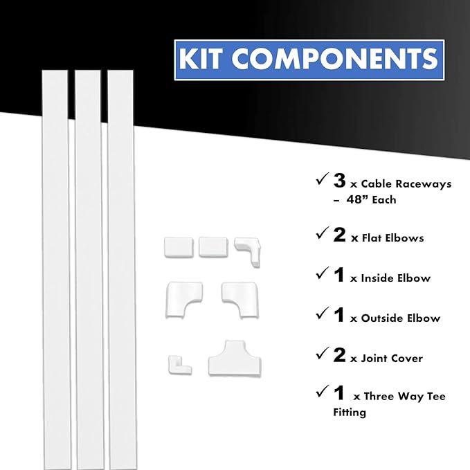 Kable Kontrol Cord Cover Cable Raceway Kit, 144”in Cable Cover Channel, Paintable Self-Adhesive Cable Management Wire Concealer, Cord Hider for Wall Mounted Tv, 1.25” W x 0.43” H – 10 Pcs – White