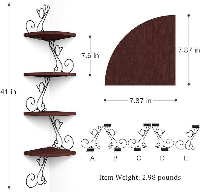Alsonerbay Corner Shelf Wall Mount, 4 Tier Floating Shelves for Wall, Easy-to-Assemble Wall Shelves Rustic Wood Decor for Bedroom Living Room Bathroom Kitchen Office, Walnut Finish
