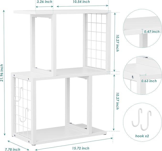 Small Desktop Bookshelf Organizer, White 3-Tier Desk Shelf with Metal Hook Workspace Organizers for Desk Organization and Office Storage Table Bookcase